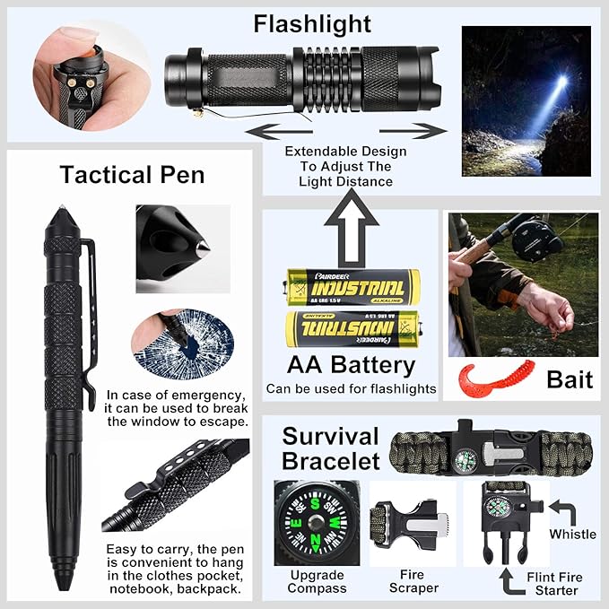 Gifts for Men Dad Husband Fathers Day, Survival Gear and Equipment kit 21 in 1, Professional Cool Gadgets Stuff Tactical Tool, Gift Ideas for Him Son Daughter Emergency Hunting Outdoors Camping Hiking