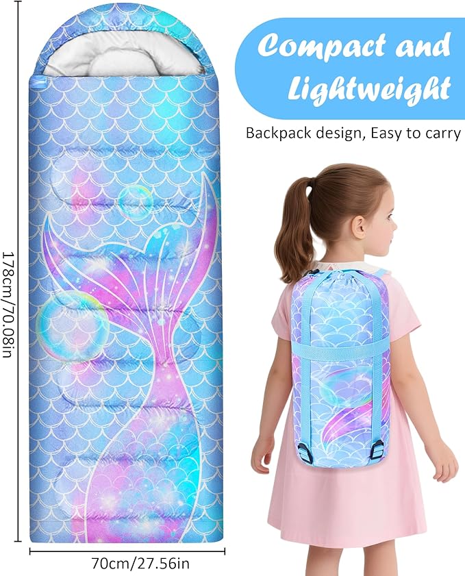 Kids Sleeping Bag for Kids Girls, 3 Season Warm Cool Weather Waterproof Lightweight Camping Sleeping Bag with Carry Bag for Indoor Outdoor Camping Hiking Traveling