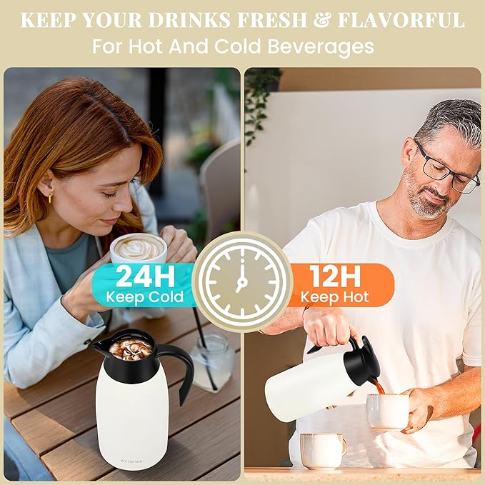 68 Oz Thermal Coffee Carafe, Stainless Steel Insulated Vacuum coffee crafts to keep coffee hot, 2 Liter Tea Water Coffee and Beverage Dispenser (Cream)