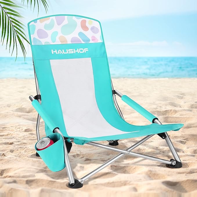 HAUSHOF High Back Beach Chair, Mesh Back Folding Chair, Lightweight Low Seat Camping Chairs with Cup Holder, Carry Bag, Padded Armrest for Outdoor Beach Lawn Camping Picnic Festival