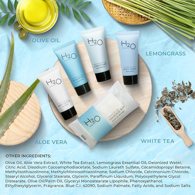 H2O Therapy Hotel Soaps & Toiletries Bulk Set | 1-Shoppe Amenities Kit | 0.85oz Shampoo & Conditioner, Body Wash, Lotion, 1oz Bar Soap | Travel Size | 150 Pieces | Bulk Set, Travel Size