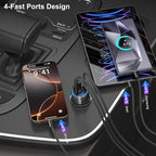 65W 4-Port USB C Super Fast Car Charger Type C for Samsung S26 S25 S24 Ultra A16 A17, iPhone 17/16e/16 Pro Max Dual 12V QC/PD 3.0 Fast Charging Cigarette Lighter Adapter with Voltmeter+2X USB C Cable