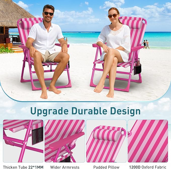 Suteck Backpack Beach Chair, 6-Positions Beach Chairs for Adults with Cooler Bag, Reclining Beach Chair with Cup Holder Folding Camping Chair for Sand Outdoor
