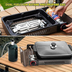 ONLYFIRE Butane Stove with Grill Pan, Portable Stove with Small Griddle & Lid, Camping Stove Instant Ignition, Camp Stove for Cooking, Patio Backyard, Camping, RV and Emergency Use, GS349
