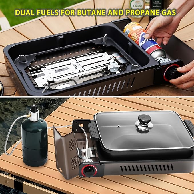 ONLYFIRE Butane Stove with Grill Pan, Portable Stove with Small Griddle & Lid, Camping Stove Instant Ignition, Camp Stove for Cooking, Patio Backyard, Camping, RV and Emergency Use, GS349