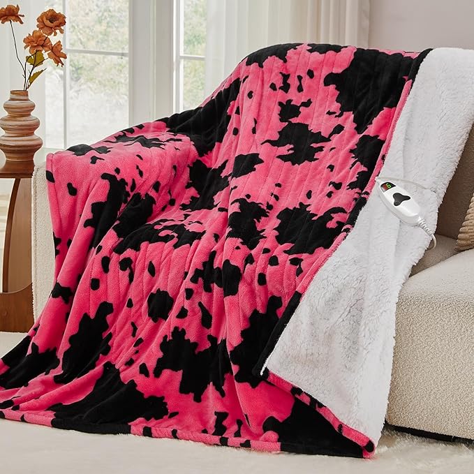 Cow Print Heated Electric Blanket Full Size,72X84 Pink Heating Blanket with 10 Heats Levels & 8 Hours Auto Off,Highland Cow Decor Fleece Sherpa Blankets Warmer Gifts for Women Adults,Washable,ETL