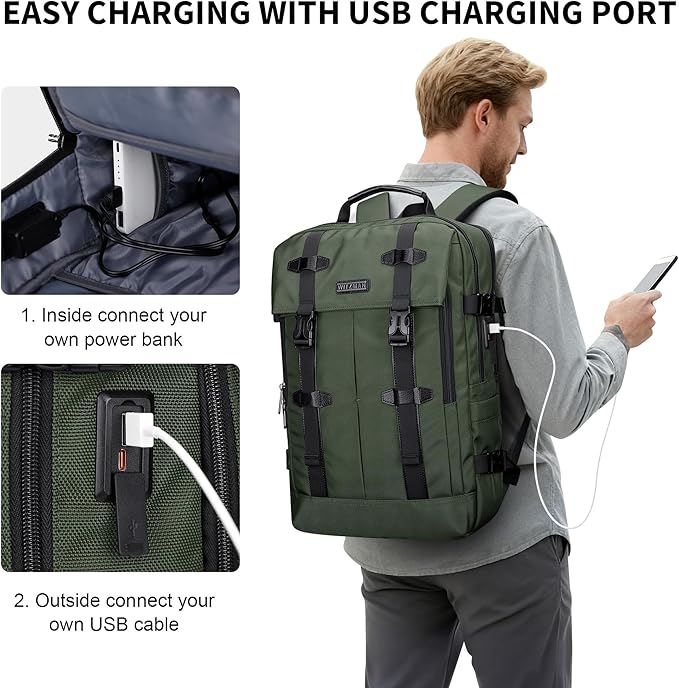 WITZMAN Travel Laptop Backpack for Men Fit 16 inch Computer Carry-on Airline Approved with USB Charging Port(B716 Army Green)