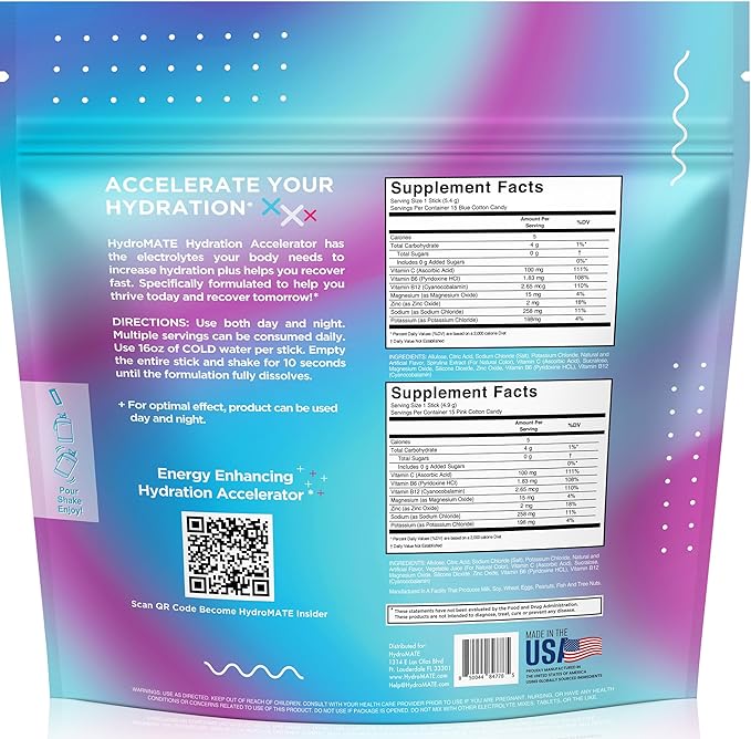 HydroMATE Electrolytes Powder No Sugar Cotton Candy - 30 Count Instant Hydration Packets with Vitamin C to Boost Energy - Sugar Free Electrolytes to Support Hydration on Keto Diet & Party Recovery