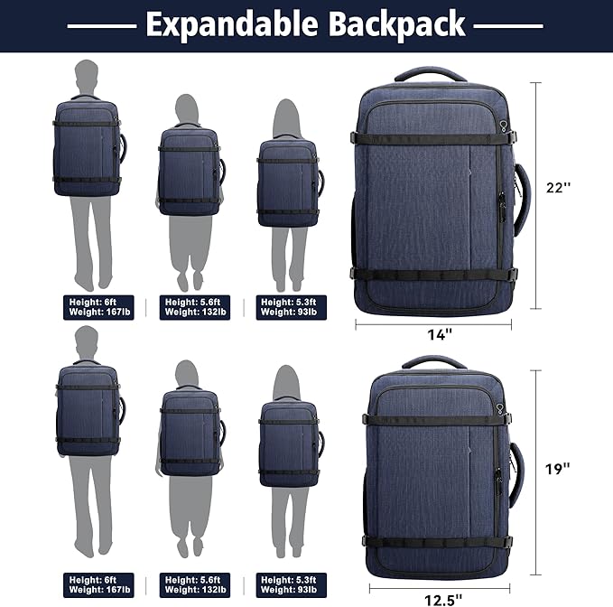 Flight Approved Travel Backpack with LifetimeWarranty,Expandable Carry on Backpack 40-50L with Cable Access Port,Fits 17.3"Laptop,Flight TSA friendly,Anti Theft Laptop Backpack Travel,Commuting,Blue