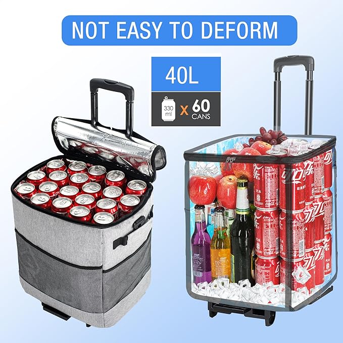 Collapsible Large Rolling Cooler 60-Can/40L,3-in-1 Insulated Soft Cooler Bag,Adjustable Wheels&Handle, Rolling Cooler Cart for Beach Camping Travel Outdoor Hot Takeout Orders