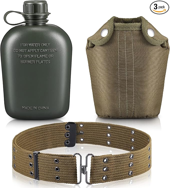 1 Quart Plastic Canteen Military Canteen Portable Military Water Bottle with Bottle Pouch Cotton Cover Bag and Waist Belt for Backpacking Hiking Camping Climbing Outdoor Activities