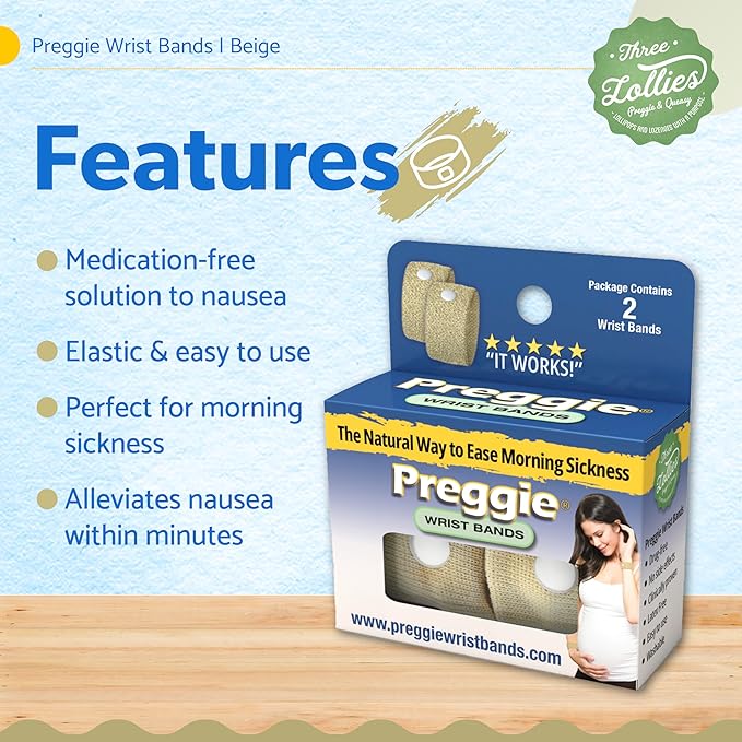 Three Lollies Preggie Anti-Nausea Wristbands – Morning Sickness Relief – Clinically Tested - Pregnancy Nausea Relief – Acupressure Wristband - Side Effect Free - 1 Count (2 Wristbands) – Beige