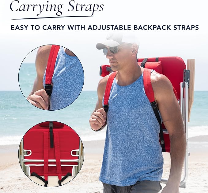 Caribbean Joe Folding Beach Chair, 4 Position Portable Backpack Foldable Camping Chair with Headrest, Cup Holder, and Wooden Armrests, 300 lb Capacity