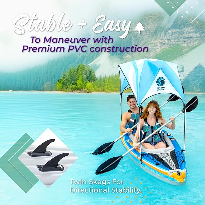 Sunlite Sports 2-Person Inflatable Kayak with Aluminum Oars (136" x 33"), High Output Air Pump and Storage Bag, Double Tandem Kayak for Adults, Two Person Canoe and Kayak, Good for Lakes and Rivers
