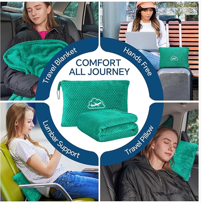 BEDELITE Travel Blanket with Bag, Ultra-Soft Jacquard Fleece Blanket with Luggage Sleeve & Backpack Clip, Airplane Blanket Travel Essentials, Teal