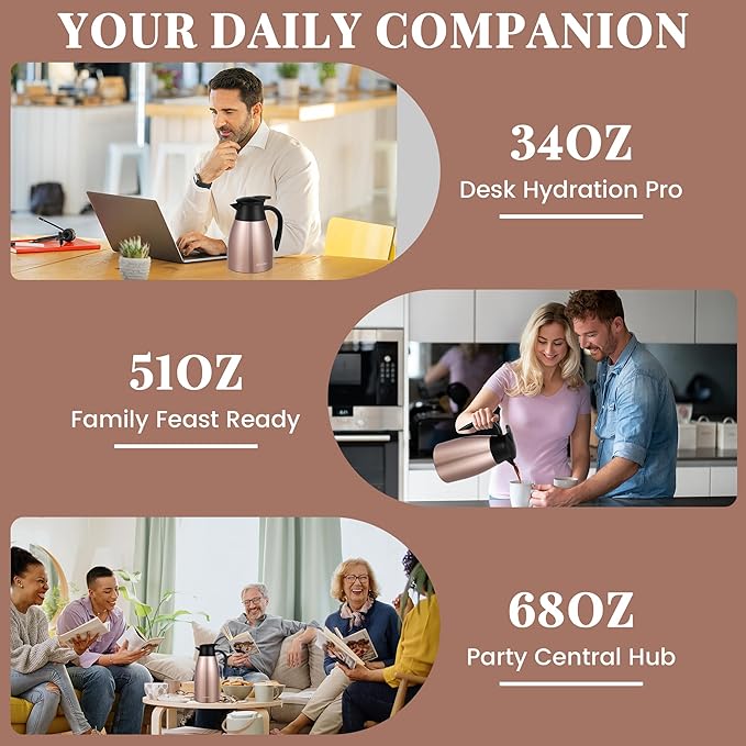 34 Oz Thermal Coffee Carafe, Stainless Steel Insulated Vacuum coffee crafts to keep coffee hot, 1 Liter Tea Water Coffee and Beverage Dispenser (Copper)