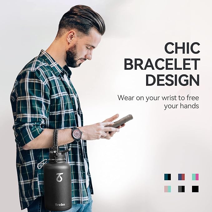 Trebo 64oz Water Bottle Insulated,Large Stainless Steel Water Jug with 3 Lids, Triple Wall Vacuum Sports Thermo bottle Keep Hot 24 Hours & Cold 48 Hours,Wide Mouth Flask,Black