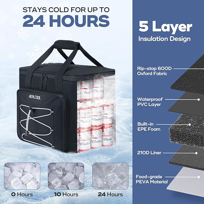 RealCool Soft Cooler Bag 35/45Can, Collapsible Cooler Insulated Leak Proof, Large Lunch Box for Men Women, Soft-Sided Cooler for Picnic, Grocery, Beach, Camping, Travel