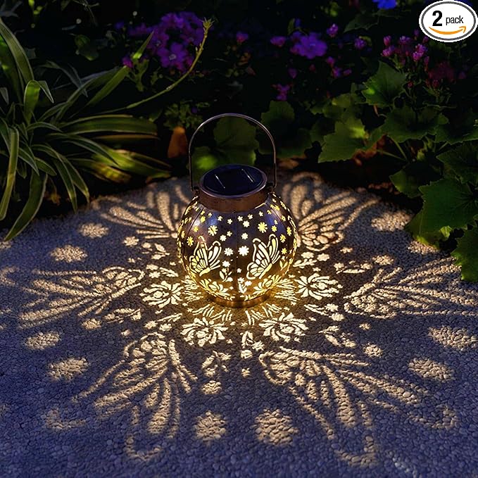 Outdoor Solar Hanging Lantern Lights Metal LED Decorative Lamp for Garden Patio Courtyard Lawn and Table with Hollowed-Out Design (Bronze Butterfly)