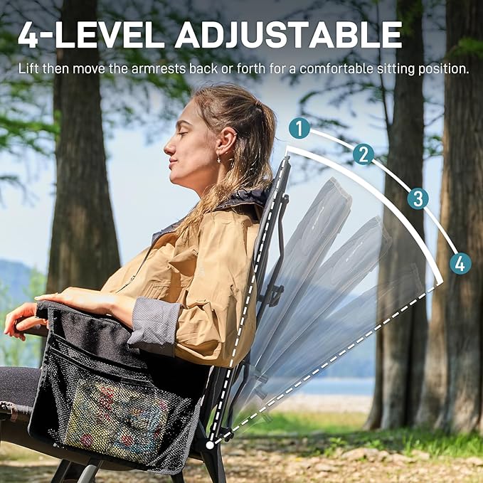 EVER ADVANCED Reclining Camping Chairs for Adult Lightweight, Folding Recliner Chair with Adjustable Back, 4-Level Lounge Chairs, Portable Lawn Chairs for Patio Balcony, Supports 350lbs Black