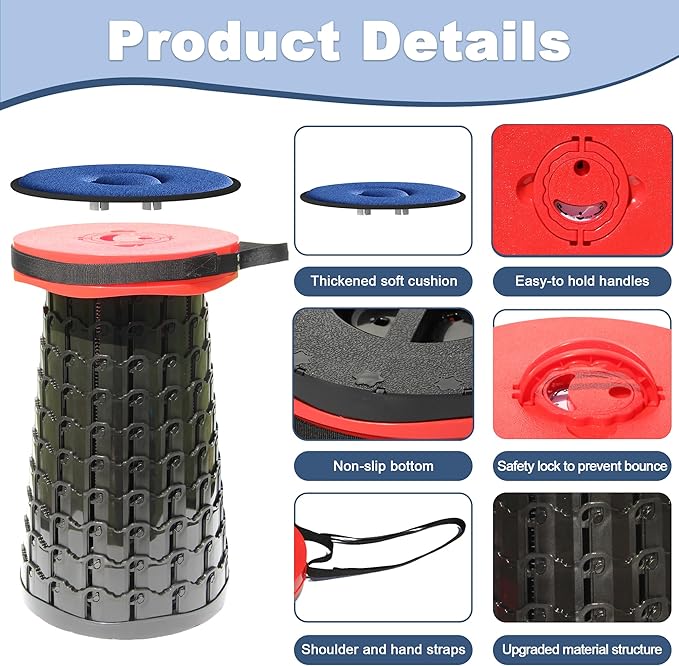 ALEVMOOM 2025 Upgraded XXL 19.7" Collapsible Stool with Cushion, 1000lbs Max Weight Heavy Duty Portable Telescoping Stool, Retractable Seat Folding Chair for Camping Fishing Hiking(Red-XXL)