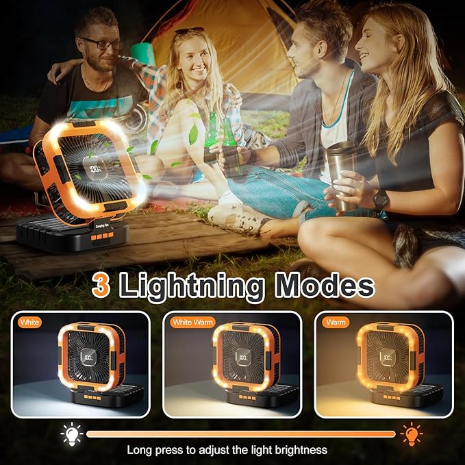 Portable Camping Fan with Solar Panel, 10000mAh Solar Powered fan, 6 Speed Levels, 120° Oscillation, 3 Light Modes, 6H Timer, Handle, Foldable Rechargeable Outdoor Fan for Tent, Hiking, Beach