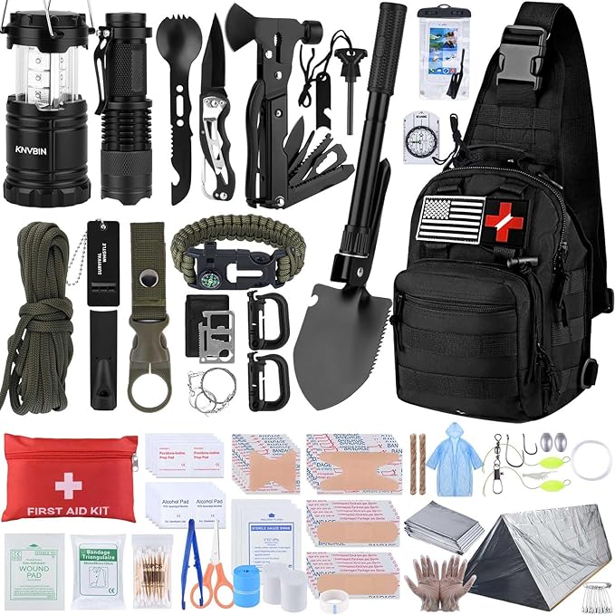 Survival Kit, 250pcs Survival Tools Tactical Gear and Trauma Bag, Survival First Aid Kit with Molle Crossbody Bag & Emergency Tent for Earthquake, Bug Out, Outdoor Adventure, Gifts for Christmas Men