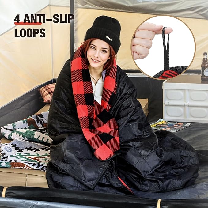 REDCAMP Extra Large Waterproof Stadium Blanket for Cold Weather, Soft Warm Fleece Camping Blanket Windproof for Camping, Hiking, Traveling, Picnic Sports, 79"x 79" Red and Black Grid