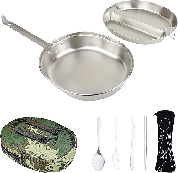 Mastiff Gears® 304 (18/8) Stainless Steel (FDA Compliant) USGI Type Mess Kit, Revived Plate Set, Army Mess Kit with Utensils & Pouch for Outdoor Camping Hiking Picnic BBQ Beach