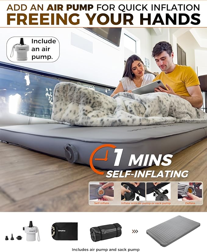 KingCamp Self Inflating Sleeping Pad, R 7.9 Air & Foam Camping Mattress 2 Person, 3" Thick Full Size Double Sleeping Pad with Air Pump for Camp Tent Outdoor Car, PVC Free (Grey)