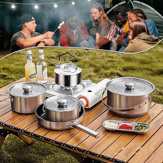7PCS Camping Cooking Set,Camping Cookware Mess Kit,304 Stainless Steel Camping Cookware with Travel Tote Bag for Camping Outdoor Cooking & Picnic,RVs