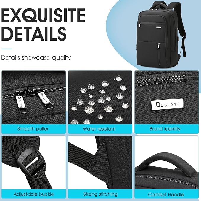 DUSLANG 15.6 Inch Laptop Backpack for Travel Water Resistant College Book bag for Men Women Laptop Bag with USB Charging Port Business Backpack,Black