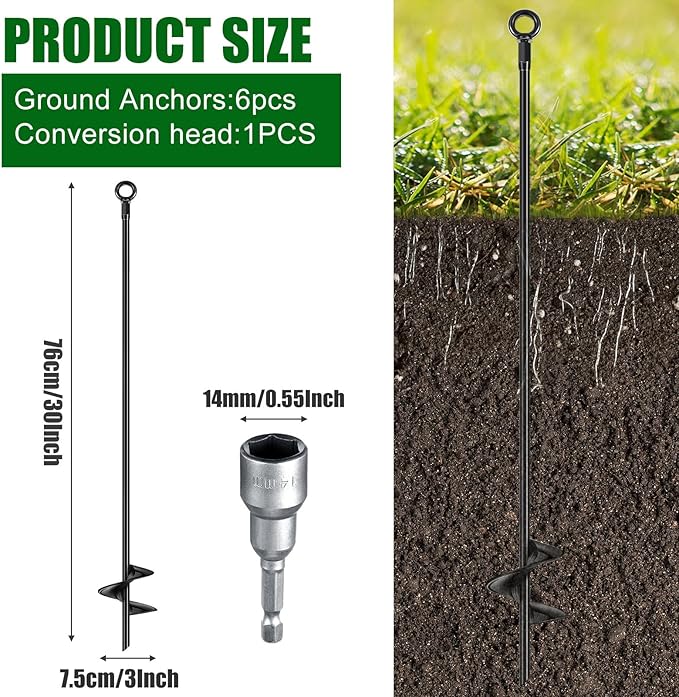 Lasnten 30 Inch Heavy Duty Ground Anchor Spiral Blade Earth Anchor Kit Metal Anchor Hook Beach Sand Stakes Camping for Securing Animals, Shelters, Tents, Canopies(Black,6 Pcs)