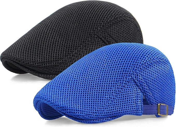 2 Pack Men's Mesh Cap Breathable Summer Newsboy Hat Adjustable Beret Ivy Cap Irish Cabbie Driving Hunting Hats