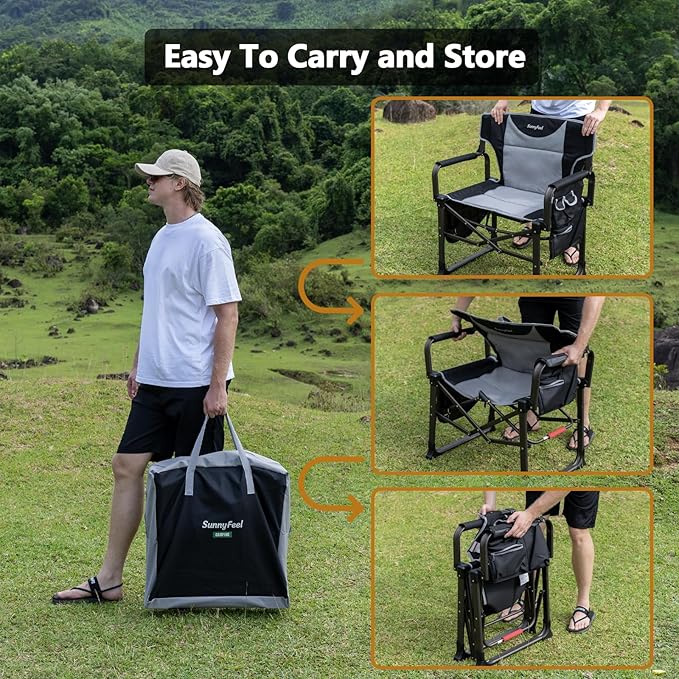 SUNNYFEEL Oversized Camping Directors Chair Black Portable Folding Chair for Adults Support 600lbs with Side Pocket and Side Table for Beach, Fishing, Trip, Picnic, Lawn, Outdoor Foldable Camp Chairs