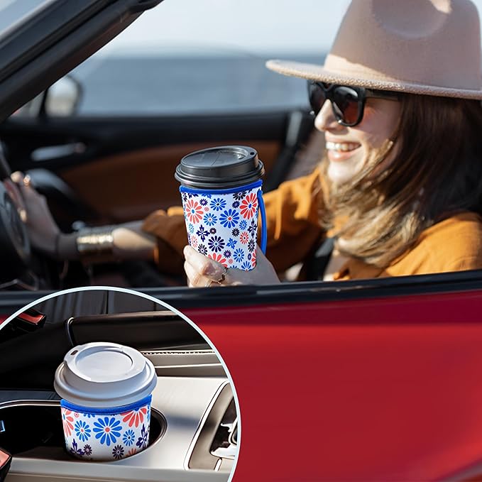 KJQJLY 3 Pack Reusable Iced Coffee Sleeves for Iced Coffee Cups or Drinks Reusable Neoprene Insulated Sleeves for Hot and Cold Drinks from Starbucks, Dunkin, And More (Blue Flower)