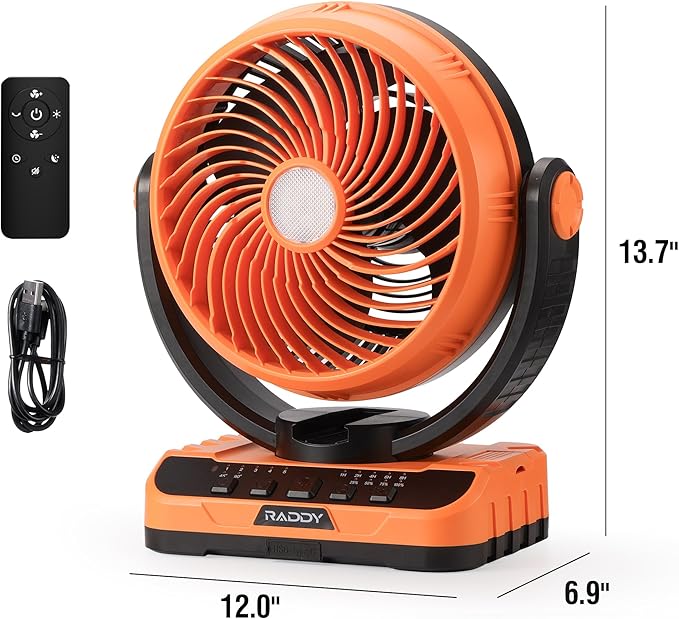 Raddy CF5 Oscillating Camping Fan with Remote, 40,000mAh Rechargeable Battery, Quiet Portable Fan with LED Light, USB-C, 5 Speeds, Hanging Hook for Tent, RV, Outdoor & Emergency Use