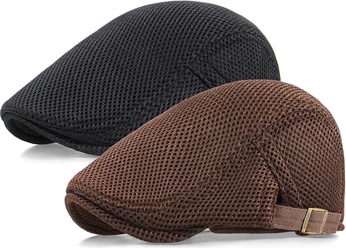 2 Pack Men's Mesh Cap Breathable Summer Newsboy Hat Adjustable Beret Ivy Cap Irish Cabbie Driving Hunting Hats