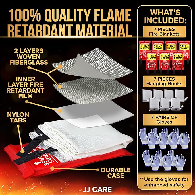 JJ CARE Fire Blanket – 7 Packs with Hooks and Gloves – 40” x 40” Fire Blankets Emergency for Home and Kitchen, High Heat Resistant and Flame Protection for Kitchen, Car, Office, Camping & Home Safety