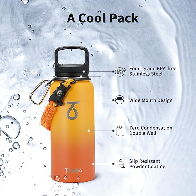 Trebo 32oz Water Bottle Insulated with Lid and Straw,Double Wall Vacuum Stainless Steel Metal Tumbler Sports Flask with Paracord Handle, Keep Hot 24 Hours & Cold 48 Hours Water Cup with 3 Lids, Orange