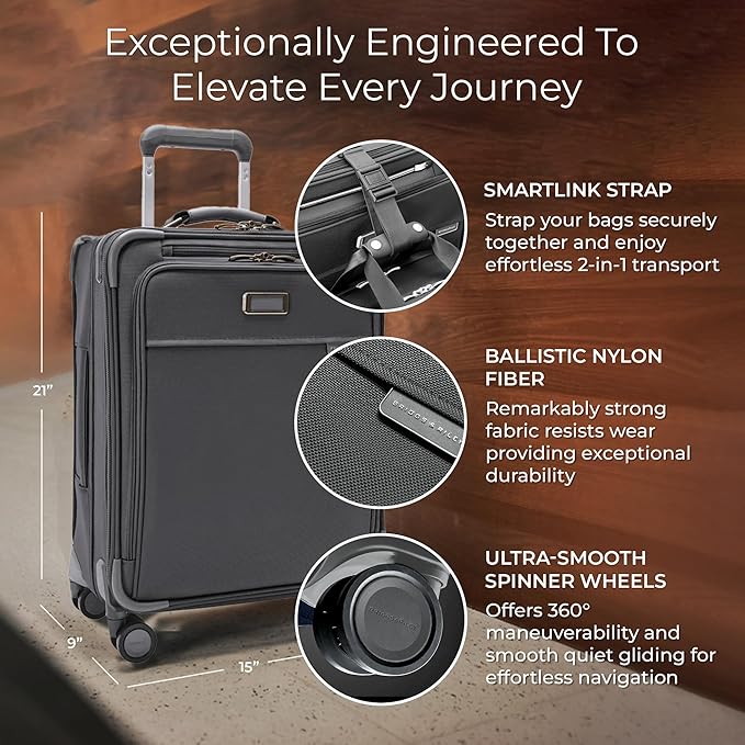Briggs & Riley Global 21" Carry On Expandable Spinner - Luggage for Travel, Suitcases with Wheels, Softside Rolling Bag for Men & Women, Self-Repairing Zipper - Baseline Collection, Steel Gray