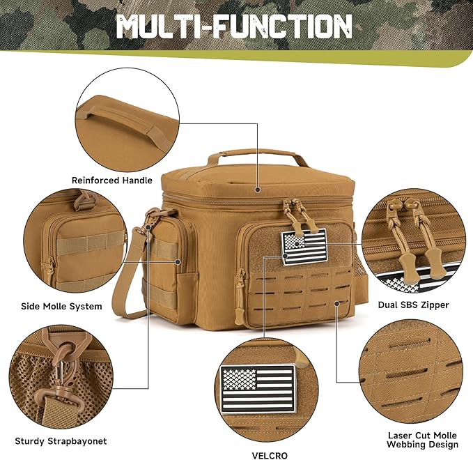 QT&QY Tactical Lunch Bag for mens Military heavy duty lunch box work Leakproof insulated Durable Thermal Cooler Bag for Adult Meal for Office Camping Picnic Pail MOLLE Webbing Khaki