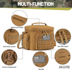 QT&QY Tactical Lunch Bag for mens Military heavy duty lunch box work Leakproof insulated Durable Thermal Cooler Bag for Adult Meal for Office Camping Picnic Pail MOLLE Webbing Khaki