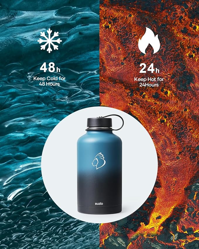 BUZIO Insulated Water Bottle with Straw Lid and Flex Cap, 64oz Double Wall Vacuum Stainless Steel Water Thermo Wide Mouth Lid, Cold for 48 Hrs Or Hot for 24 Hrs Sweat Proof Flask, Indigo Crush
