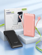 TG90° 2 Pack 10000mAh Portable Charger Slim Power Bank with Built in Cables,Travel Charger Cell Phone External Battery Pack,4 Output External Battery Pack Compatible with iPhone and Android Devices