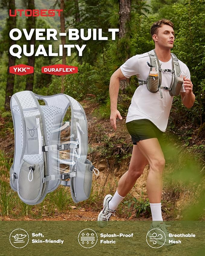 UTOBEST Running Vest, 5L Hydration Vest Lightweight, Breathable and Sweatproof Running Backpack, Adjustable Running Hydration Vest for Trail Running Marathon Race Jogging Cycling