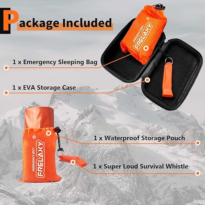 Frelaxy Emergency Sleeping Bag 1-Pack/2-Pack, Extra-Thick Compact Survival Bivy with Whistle, Storage Pouch, and EVA case, Perfect for Survival Kits (Orange - 1 Pack)
