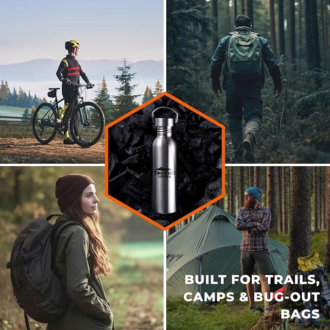 Tactiko Survival Stainless Steel Wide Mouth Water Bottle, Single Wall Boil-Safe, Leakproof, BPA-Free with Carry Sleeve and Strap for Camping, Hiking, Outdoor Prep (Black, 25 oz / 750 ml)