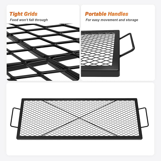 Onlyfire Rectangle X-Marks Fire Pit Cooking Grate, Campfire Grill Grate with Handles, Heavy Duty Steel BBQ Grill Grate for Outdoor, 40-Inch