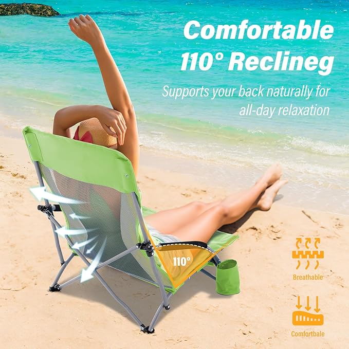 Homcosan Portable Low Folding Beach Chairs Set of 2 - Lightweight Camping Chairs for Adults with Cup Holder & Storage Pockets, Carry Bag Included (Green & Yellow)